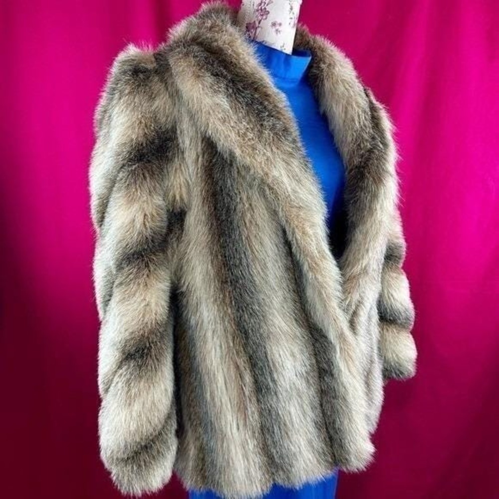 Vintage Faux Fur Striped Coat Brown Short Large Mob Wife Glam Luxury Chic - Picture 12 of 17